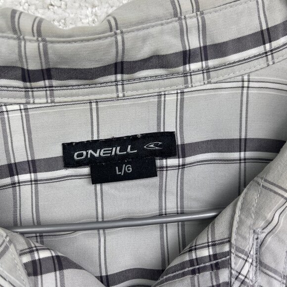 Y2K Oneill Shirt Men L GreyBlack Plaid Short Sleeve Button Up Surf Skate Casual - Picture 9 of 15
